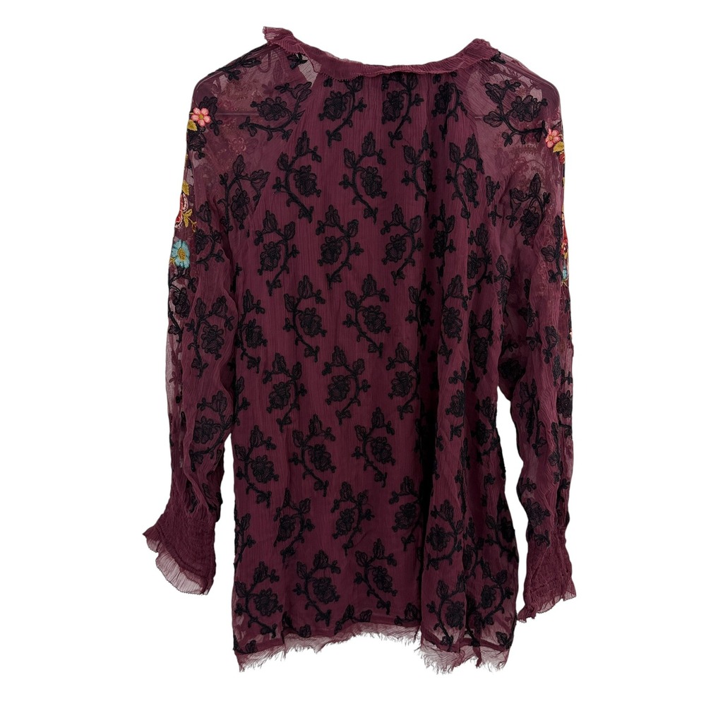 Sundance Top Womens Small Burgundy Floral Embroidered Tassel Tie Long Sleeve - Picture 10 of 13